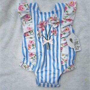 Mud Pie NWT Blue and White Baby 3-6M Swimsuit Rash guard UPF 50+